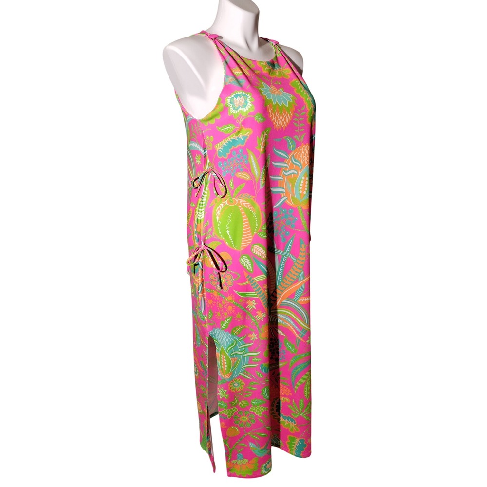 Gretchen Scott XL Pink Hummingbird Heaven Side Tie Sleeveless Maxi Dress Slit - Picture 2 of 10